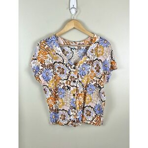 Nicole Miller Womens Sz Lg? 100% Linen Button Up Top Shirt V Neck Floral Boho